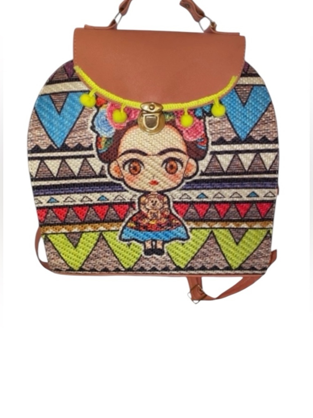 FRIEDA KAHLO Colorful Inspired Backpack Handbag Raffia Material Vegan Leather